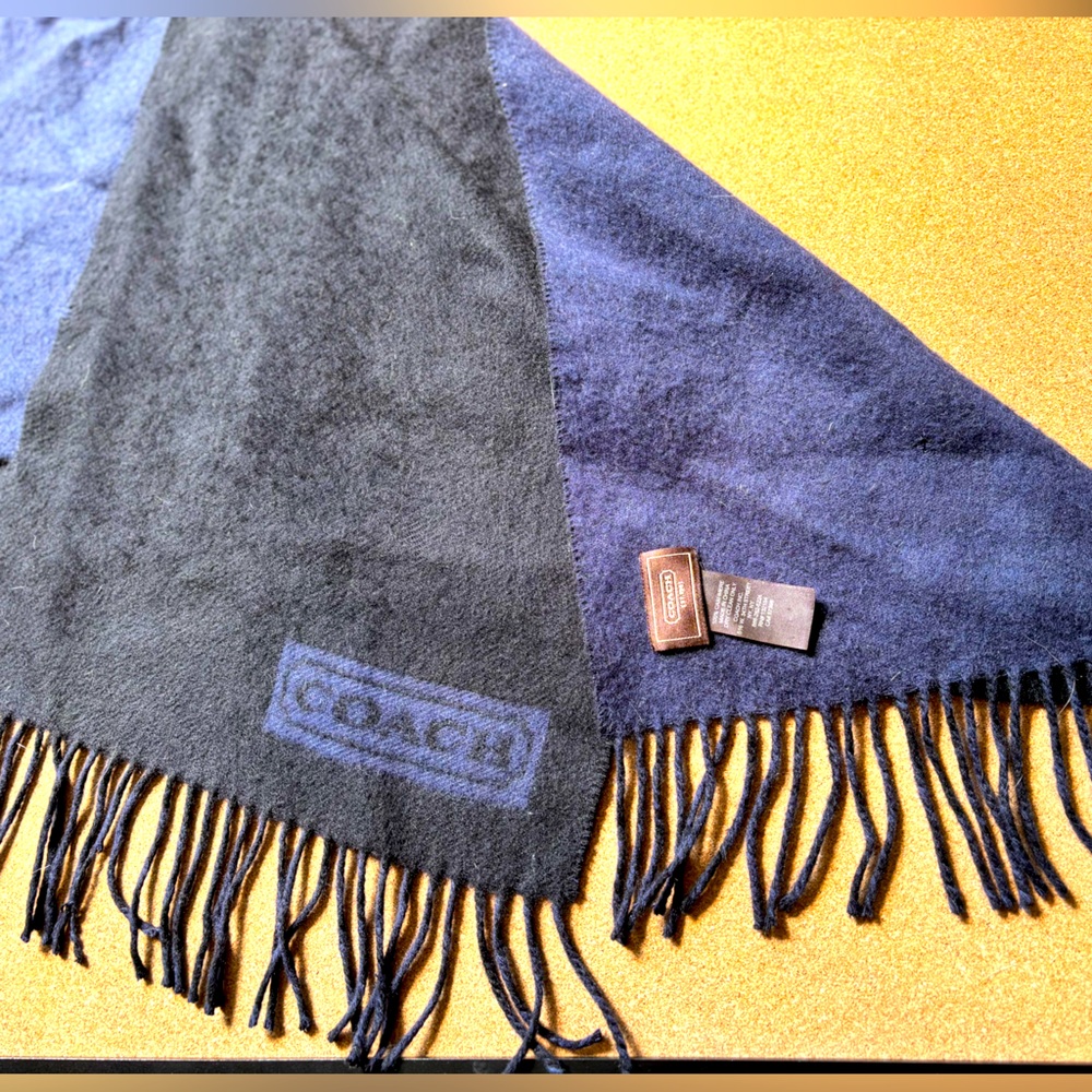 COACH men’s cashmere scarf. Blue, other side black. Fringes on ends 64”x12”
